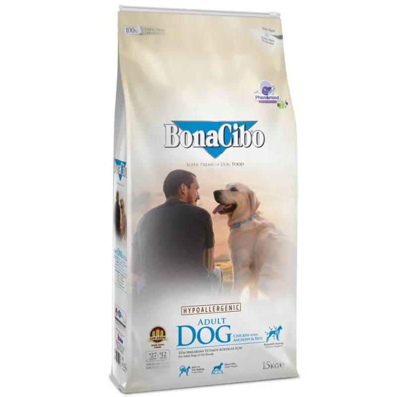 BonaCibo Adult Dog Chicken & Rice with Anchovy сухой корм с мясом курицы, анчоусами и рисом для взрослых собак всех пород - 15 кг