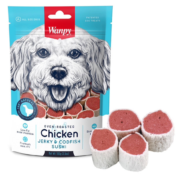 Wanpy Chicken Jerky & Codfish Sushi ВАНПИ СУШИ С КУРИЦЕЙ И ТРЕСКОЙ лакомство для собак , 0.1 кг.