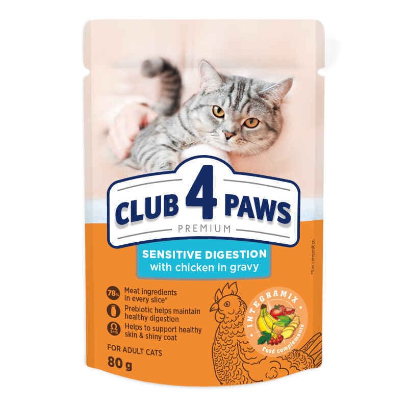 Club 4 Paws Premium Sensitive Digestion Adult Cat Chicken влажный корм с курицей для взрослых кошек с чувствительным пищеварением (кусочки в соусе) - 80 г