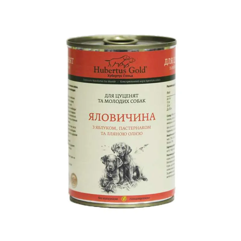 Hubertus Gold влажный корм для щенков и молодых собак, 400 г, говядина с яблоком, пастернаком и льняным маслом (консерва)