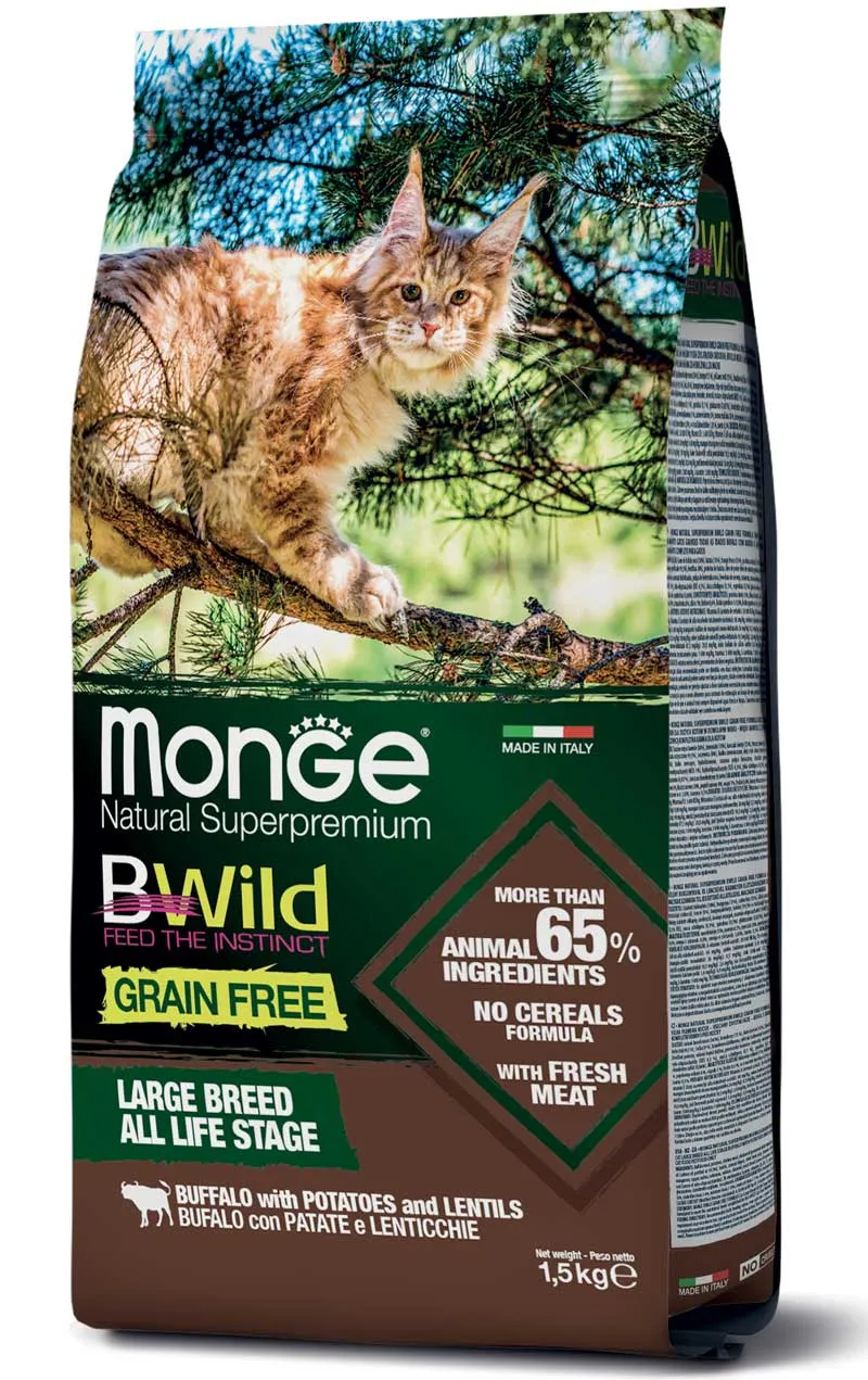 Monge Cat BWild Grain Free Large Breeds All Life Stages Buffalo&Potatoes&Lentils сухой корм, беззерновой, с мясом буйвола, картофелем и чечевицей для больших кошек на всех стадиях жизни – 1,5 кг