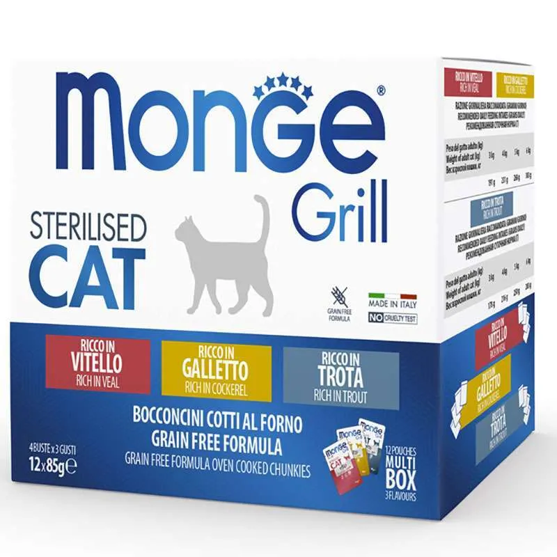 Monge Cat Grill Sterilised Multipack Cockerel & Trout & Vea набір паучів з півнем, фореллю, телятиною для стерилізованих котів (12х) - 85 г