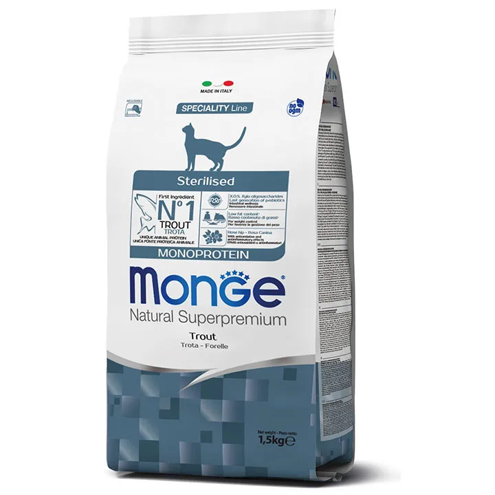 Monge Cat Monoprotein Sterilised Trout сухой корм, монопротеиновый, со форелью для стерилизованных кошек - 1,5 кг
