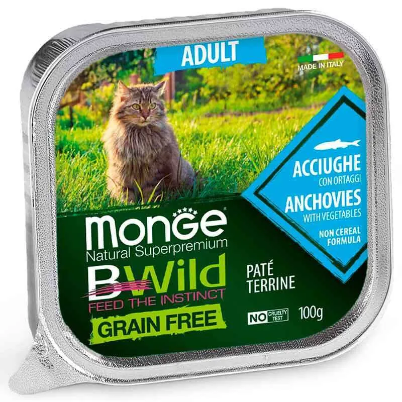 Monge Cat Wet BWild Grain Free Adult Anchovies with Vegetables вологий корм, беззерновий із анчоусів та овочів для дорослих котів (паштет) - 100 г