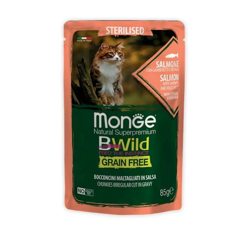 Monge Cat Wet BWild Grain Free Sterilized Adult Salmon with Shrimp&Vegetables вологий корм, беззерновий, з лососем, креветками та овочами для стерилізованих котів (шматочки в соусі) - 85 г