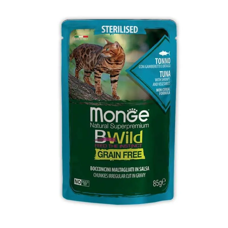 Monge Cat Wet BWild Grain Free Sterilized Adult Tuna with Shrimp&Vegetables вологий корм, беззерновий, з тунця, креветок та овочами для стерилізованих котів (шматочки в соусі) - 85 г