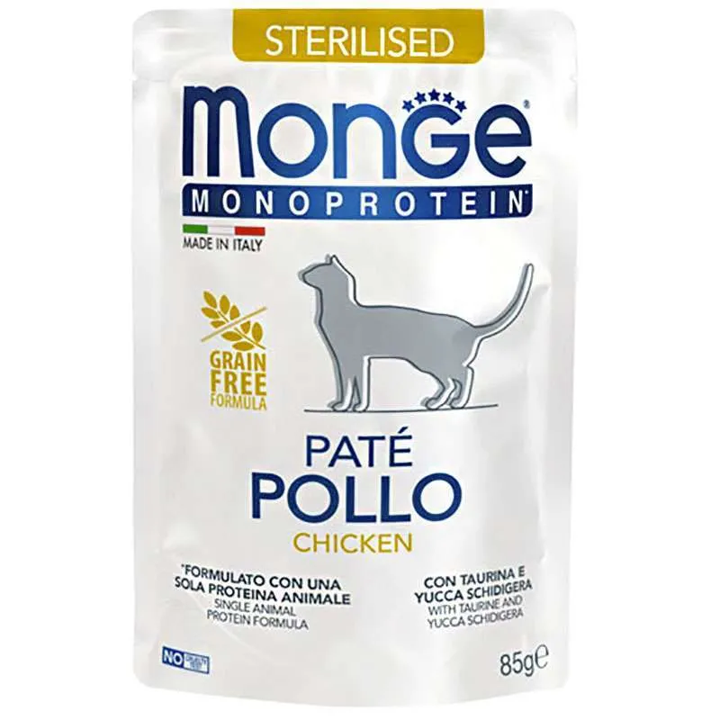 Monge Cat Wet Grain Free Monoprotein Adult Sterilized Chicken вологий корм, монопротеїновий беззерновий, із куркою для дорослих стерилізованих котів (паштет) - 85 г