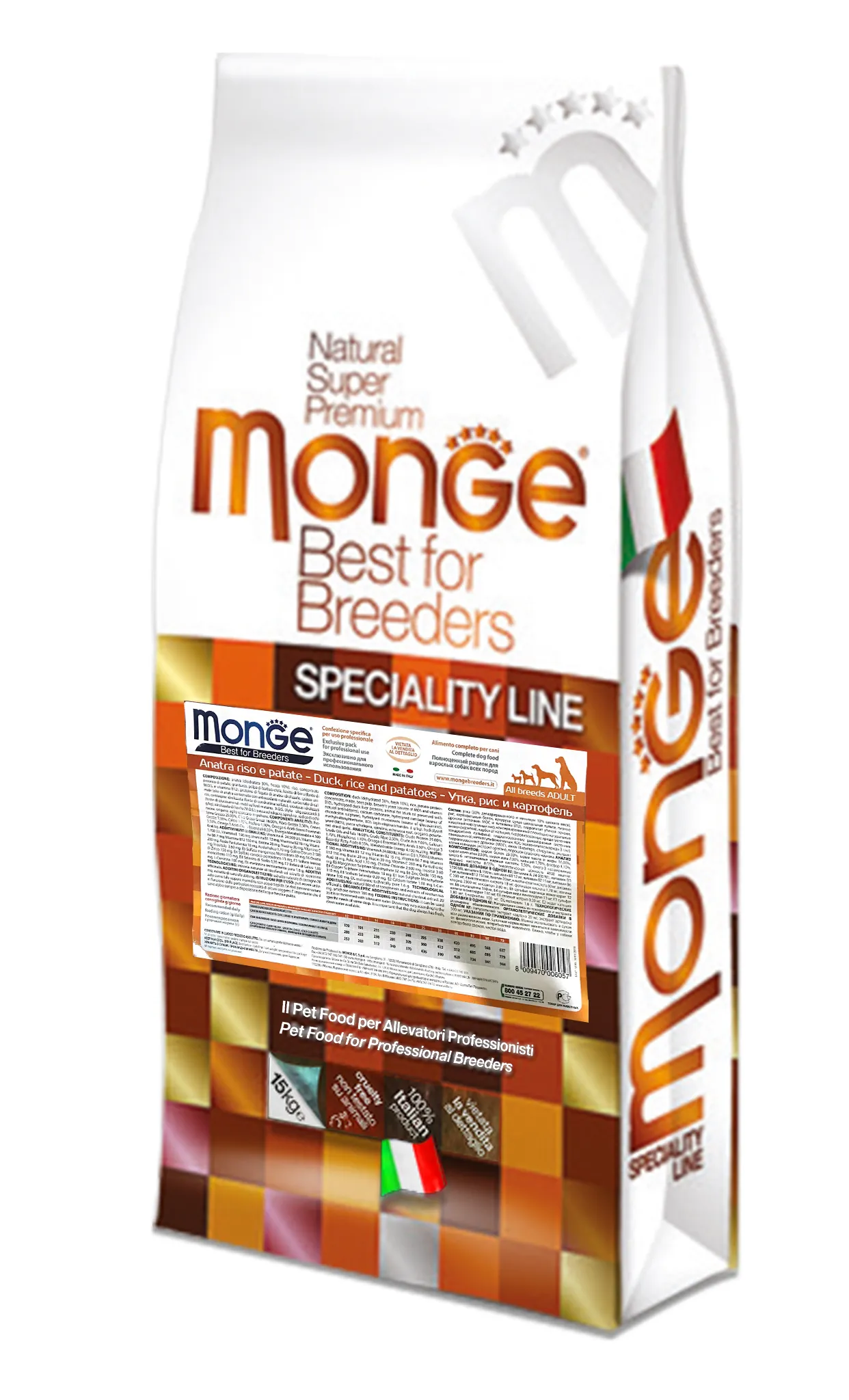 Monge Dog Monoprotein All Breeds Adult Duck&Rice&Potatoes сухой корм, монопротеиновый, с уткой, рисом и картофелем для взрослых собак всех пород - 15 кг