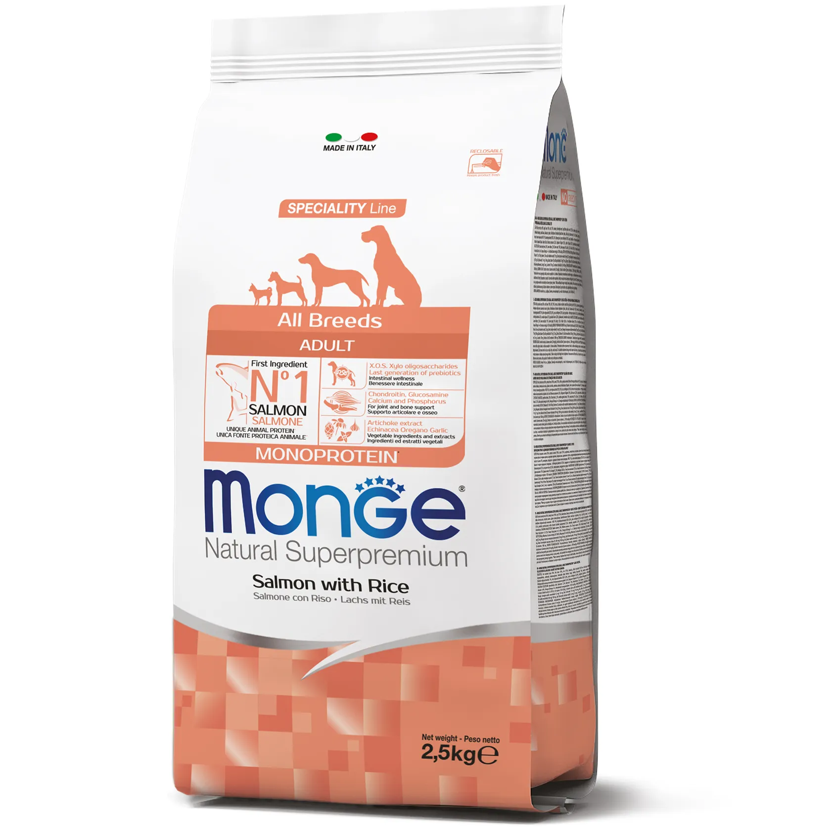 Monge Dog Monoprotein All Breeds Adult Salmon and Rice сухой корм, монопротеиновый, с лососем и рисом для взрослых собак всех пород – 2,5 кг