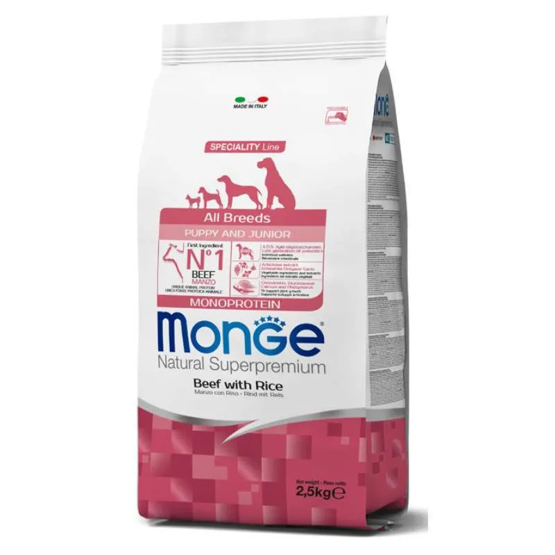 Monge Dog Monoprotein All Breeds Puppy & Junior Beef with Rice сухой корм, монопротеиновый, с говядиной и рисом для щенков и молодых собак разных пород - 2,5 кг