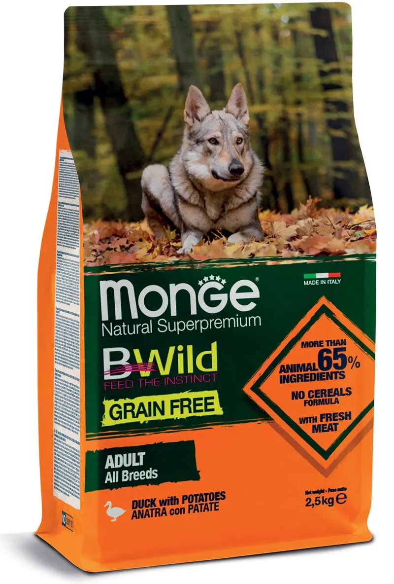 Monge Dog BWild Grain Free Adult All Breeds Duck with Potatoes сухой корм, беззерновой, из мяса утки с картофелем для взрослых собак всех пород - 2,5 кг