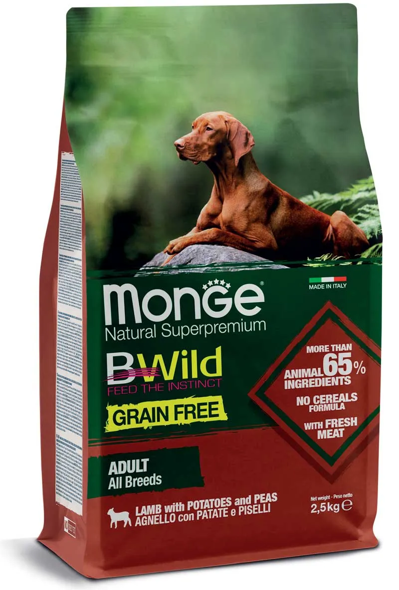 Monge Dog BWild Grain Free Adult All Breeds Lamb&Potatoes&Peas сухой корм, беззерновой, с ягненком, картофелем и горохом для взрослых собак разных пород - 2,5 кг