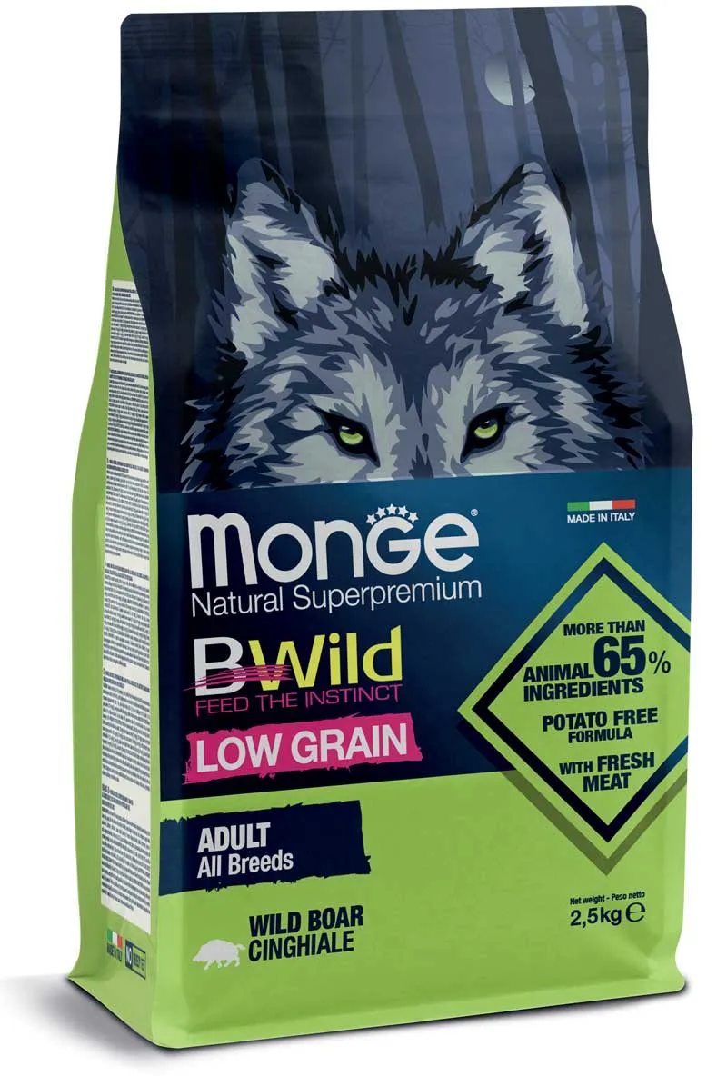 Monge Dog BWild Low Grain Adult All Breeds Wild Boar сухой корм, низкозерновой, с мясом дикого кабана для взрослых собак всех пород - 2,5 кг