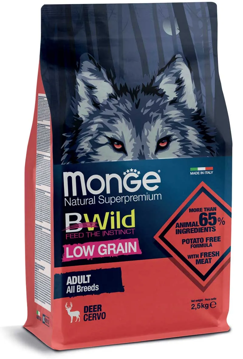 Monge Dog BWild Low Grain Adult All Breeds Deer сухой корм, низкозерновой, из мяса оленя для взрослых собак всех пород – 2,5 кг