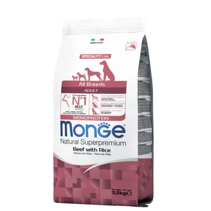 Monge Dog Monoprotein All Breeds Adult Beef with Rice сухой корм, монопротеиновый, с говядиной и рисом для взрослых собак разных пород - 2,5 кг