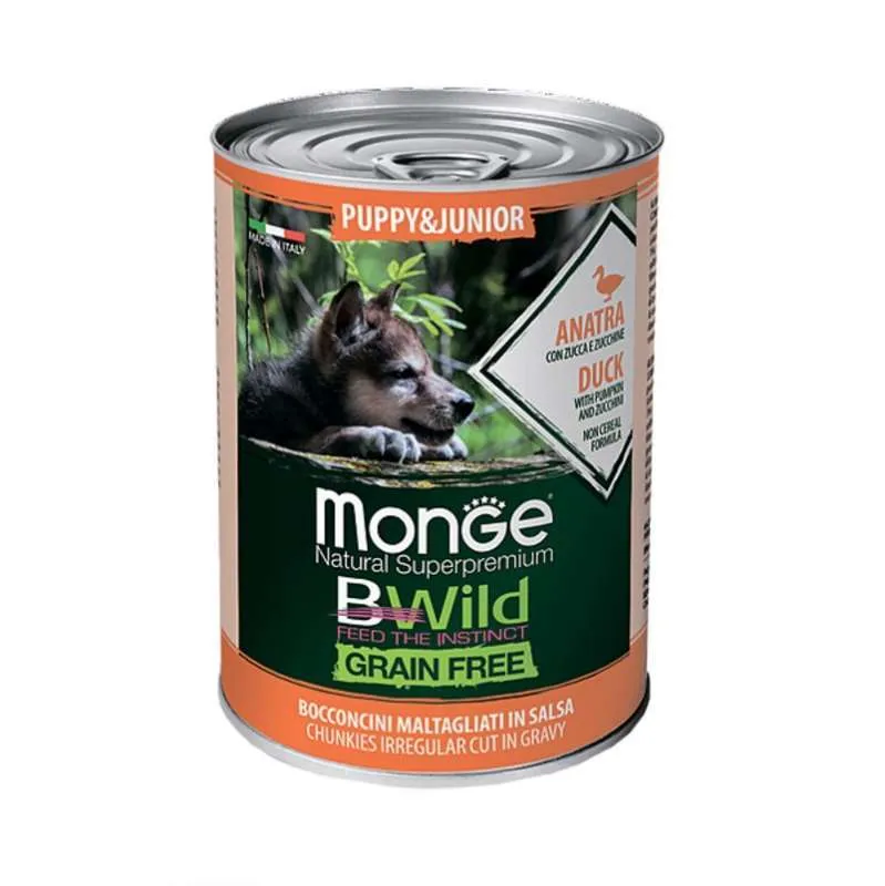 Monge Dog Wet BWild Grain Free Puppy & Junior Duck&Pumpkin&Zucchini вологий корм, беззерновий, із качки з гарбузом та кабачками для цуценят (шматочки у соусі) - 400 г