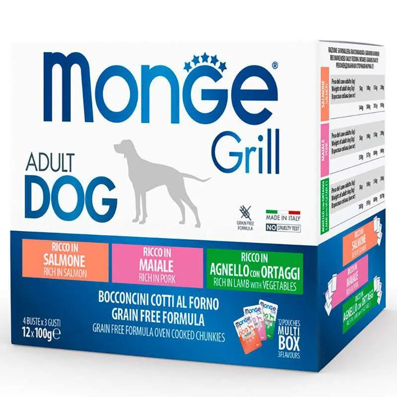 Monge Dog Wet Grain Free Grill Adult Multipack Lamb&Pork&Salmon влажный корм, беззерновой, с ягненком и овощами, свининой, лососем для собак больших пород (набор паучей, 12х) – 100 г
