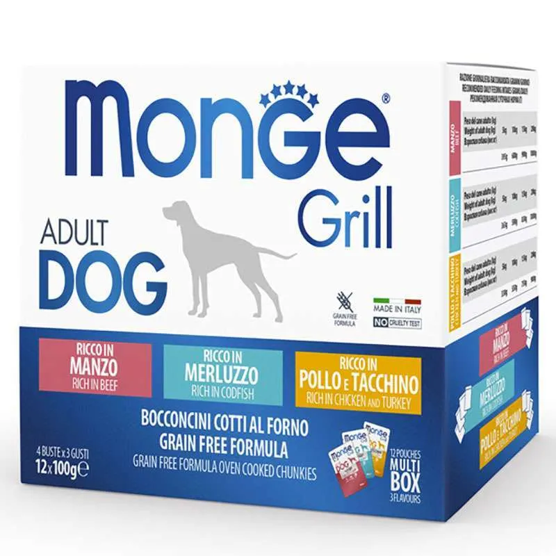 Monge Dog Wet Grain Free Grill Adult Multipack Chicken&Turkey&Beef&Cod Fish влажный корм, беззерновой, с курицей, индейкой, говядиной, треской для собак больших пород (набор паучей, 12х) – 100 г