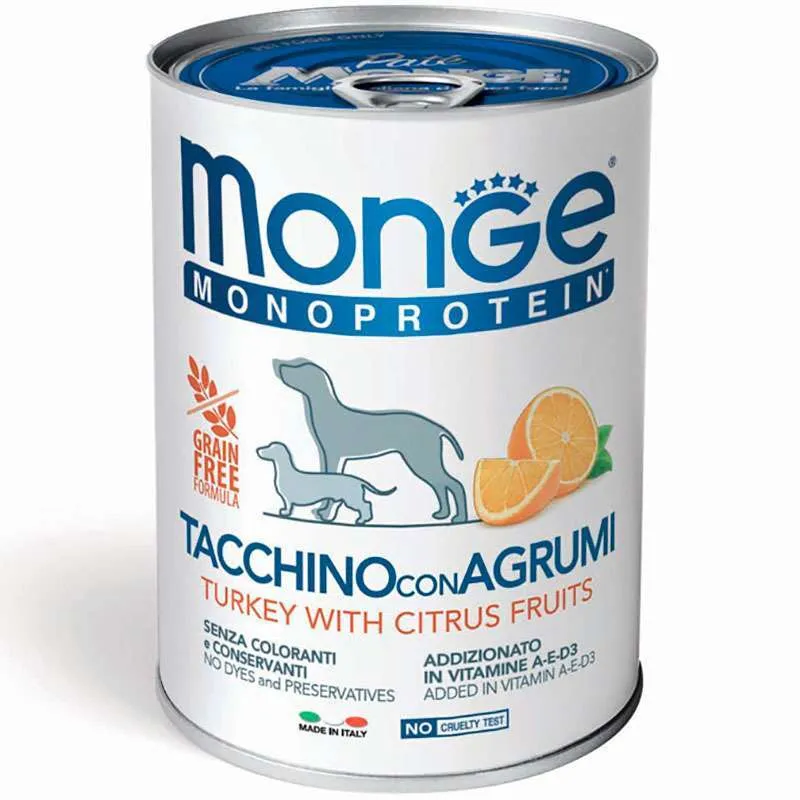 Monge Dog Wet Grain Free Monoprotein Turkey with Citrus Fruits вологий корм, монопротеїновий беззерновий, з індичкою та цитрусовими для собак (шматочкі в паштеті) - 400 г