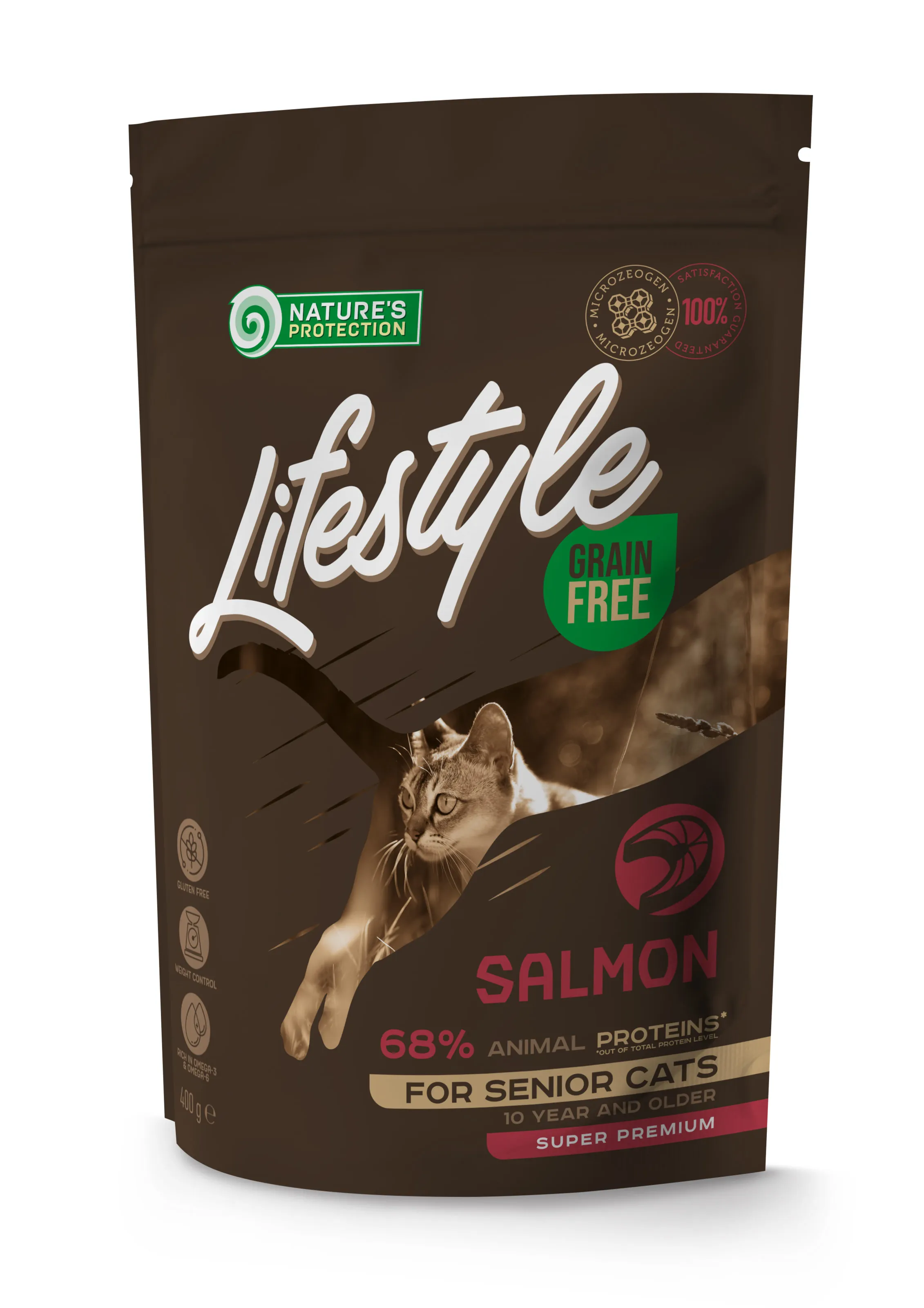 Nature's Protection Lifestyle Grain Free Salmon Senior Cats, 400 г, беззерновой сухой корм с лососем для пожилых кошек