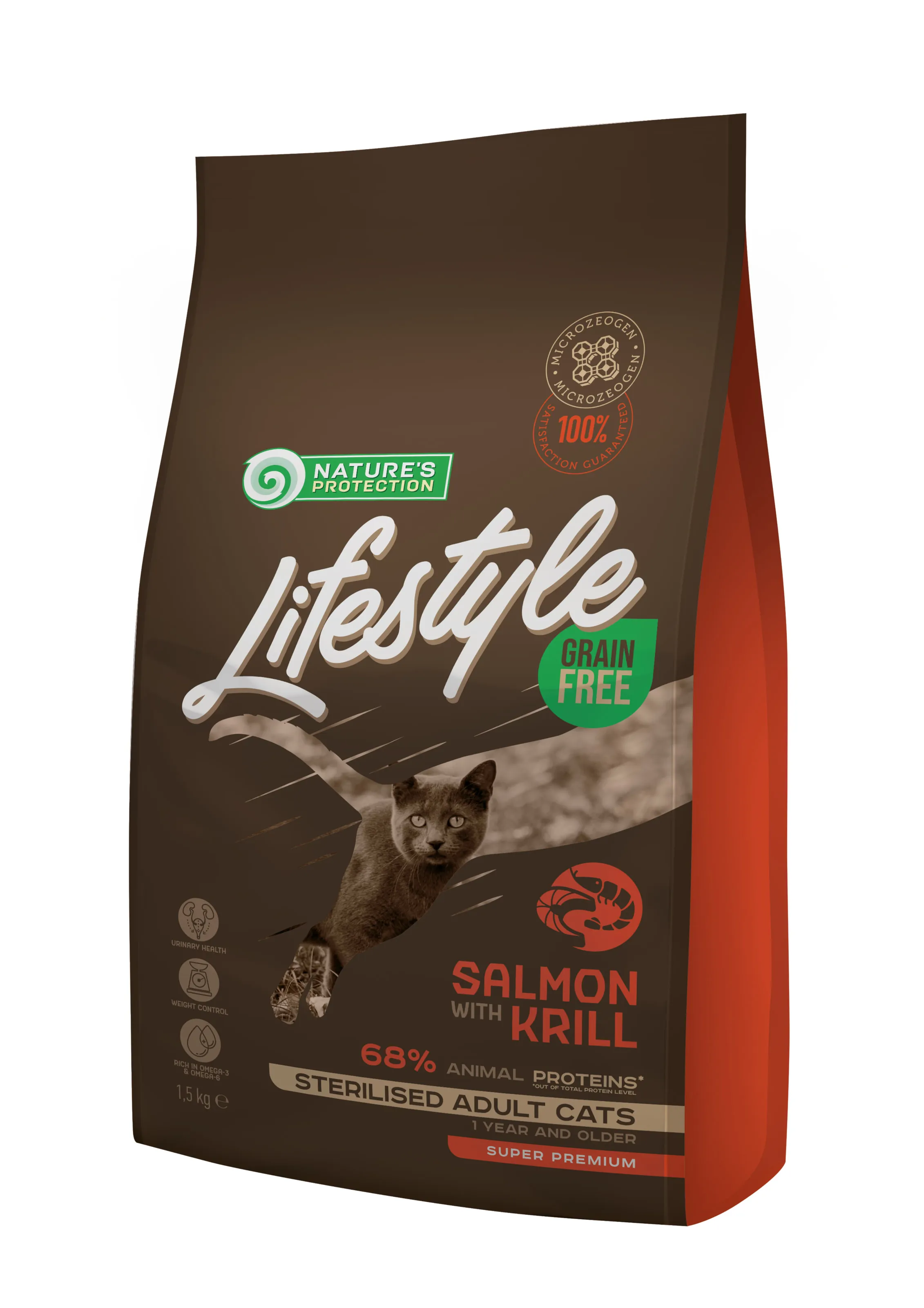 Nature's Protection Lifestyle Grain Free Salmon Krill Sterilised Adult Cat, 1,5 кг, беззерновой сухой корм с лососем для стерилизованных взрослых кошек