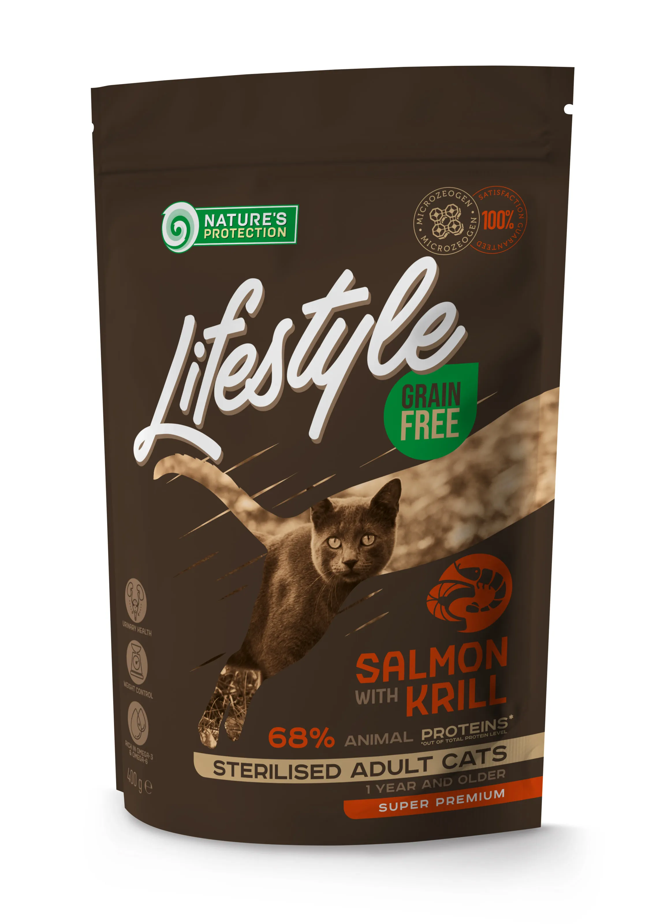 Nature's Protection Lifestyle Grain Free Salmon Krill Sterilised Adult Cat, 400 г, беззерновой сухой корм с лососем для стерилизованных взрослых кошек