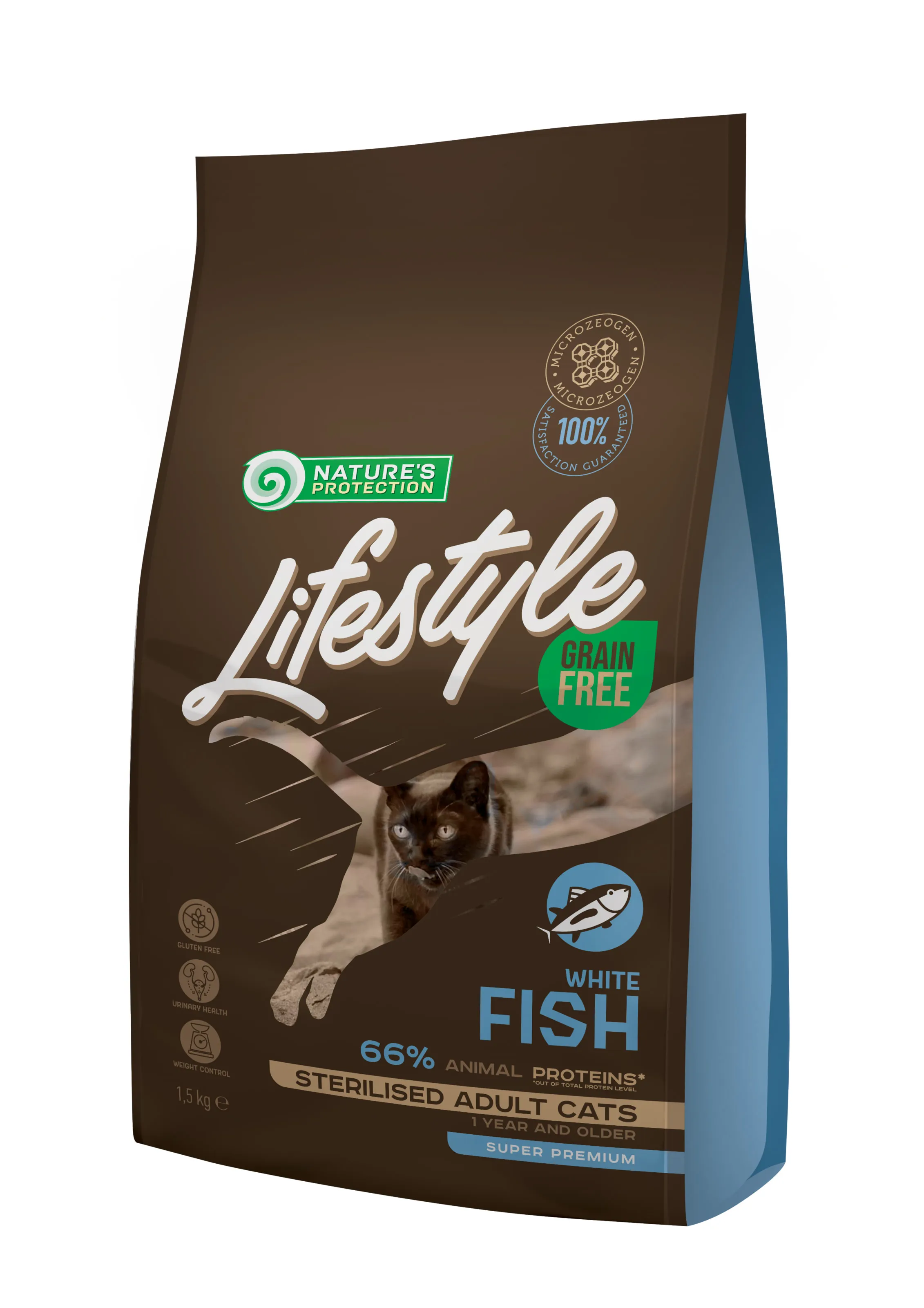 Nature's Protection Lifestyle Grain Free White Fish Sterilised Adult Cat, 1,5 кг, беззерновой сухой корм с белой рыбой для стерилизованных взрослых кошек