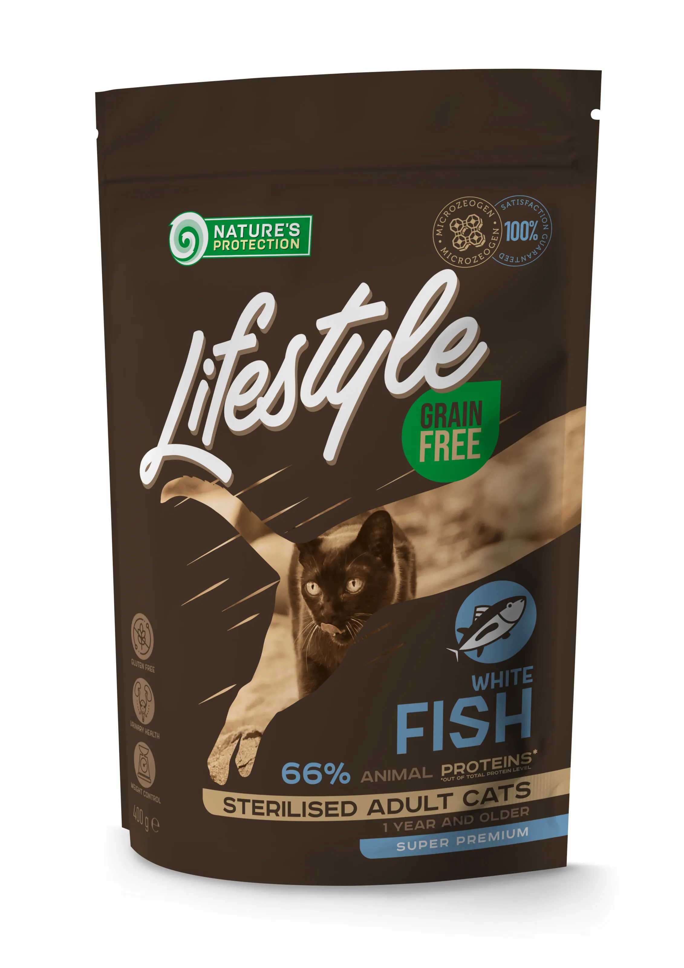 Nature's Protection Lifestyle Grain Free White Fish Sterilised Adult Cat, 400 г, беззерновой сухой корм с белой рыбой для стерилизованных взрослых кошек