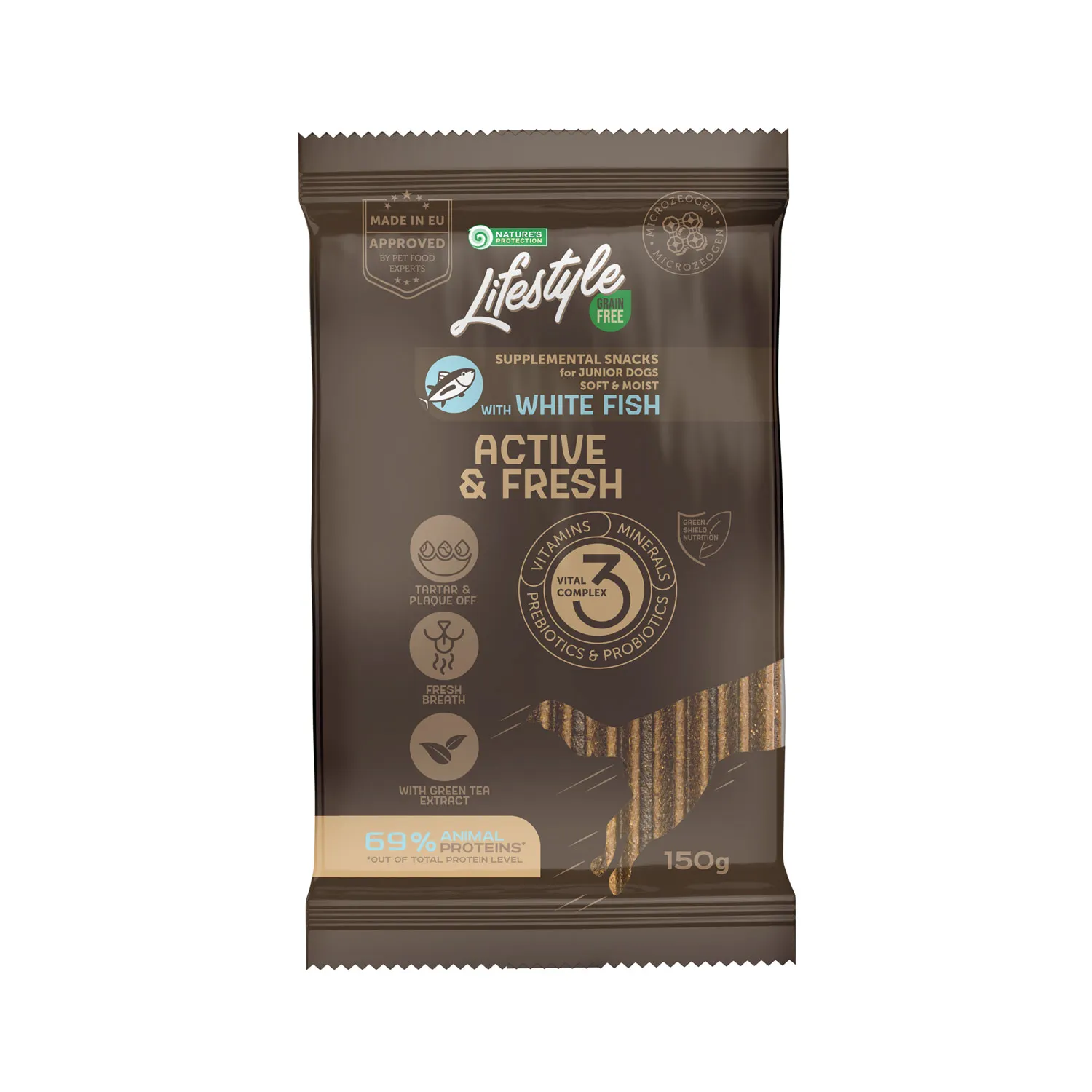 Nature's Protection Lifestyle Grain Free White fish Active&Fresh, 150 г, беззерновые лакомства с белой рыбой для активных молодых собак