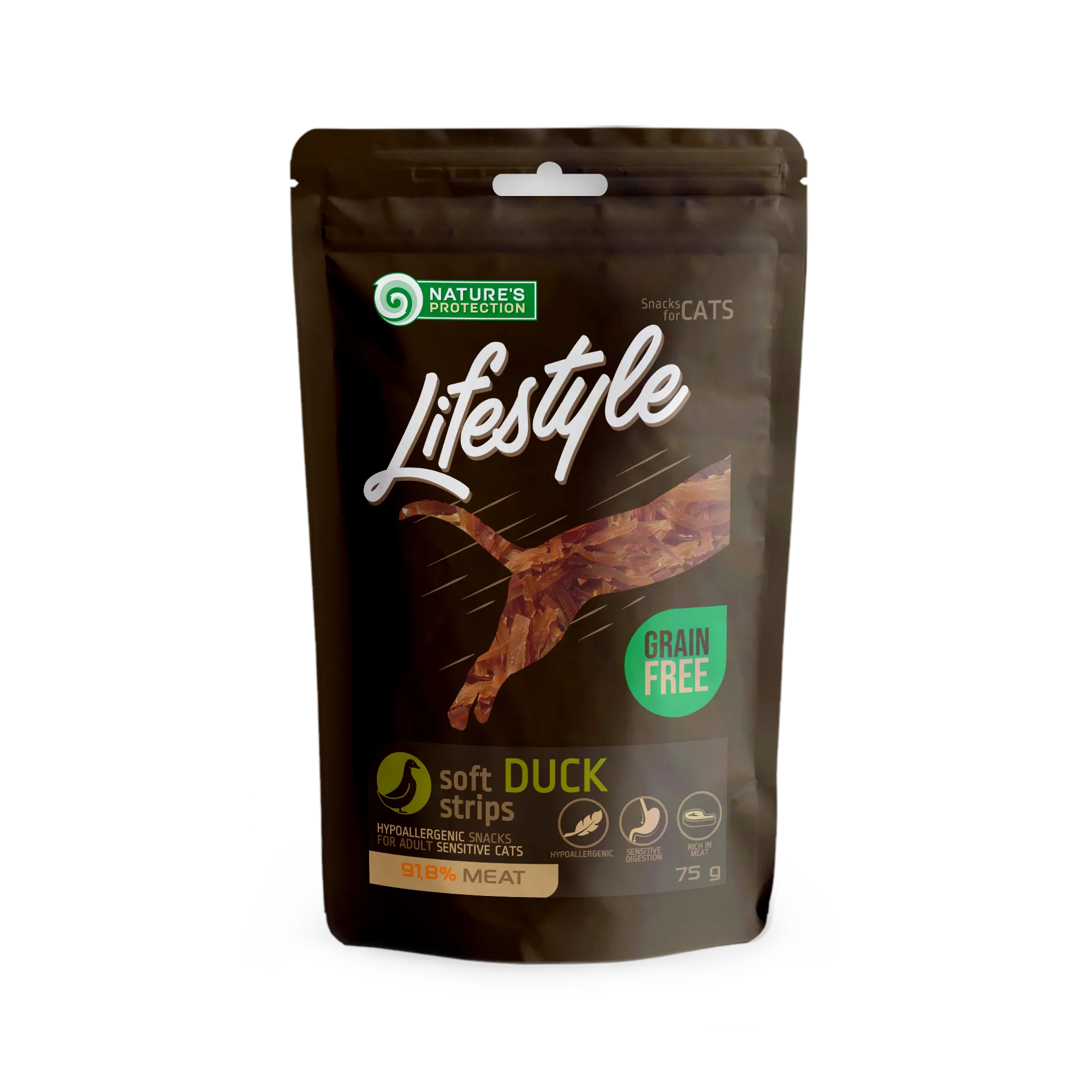 Nature's Protection Lifestyle Snack Duck Strips, 75 г, беззерновые гипоаллергенные лакомства для кошек с чувствительным пищеварением, с уткой