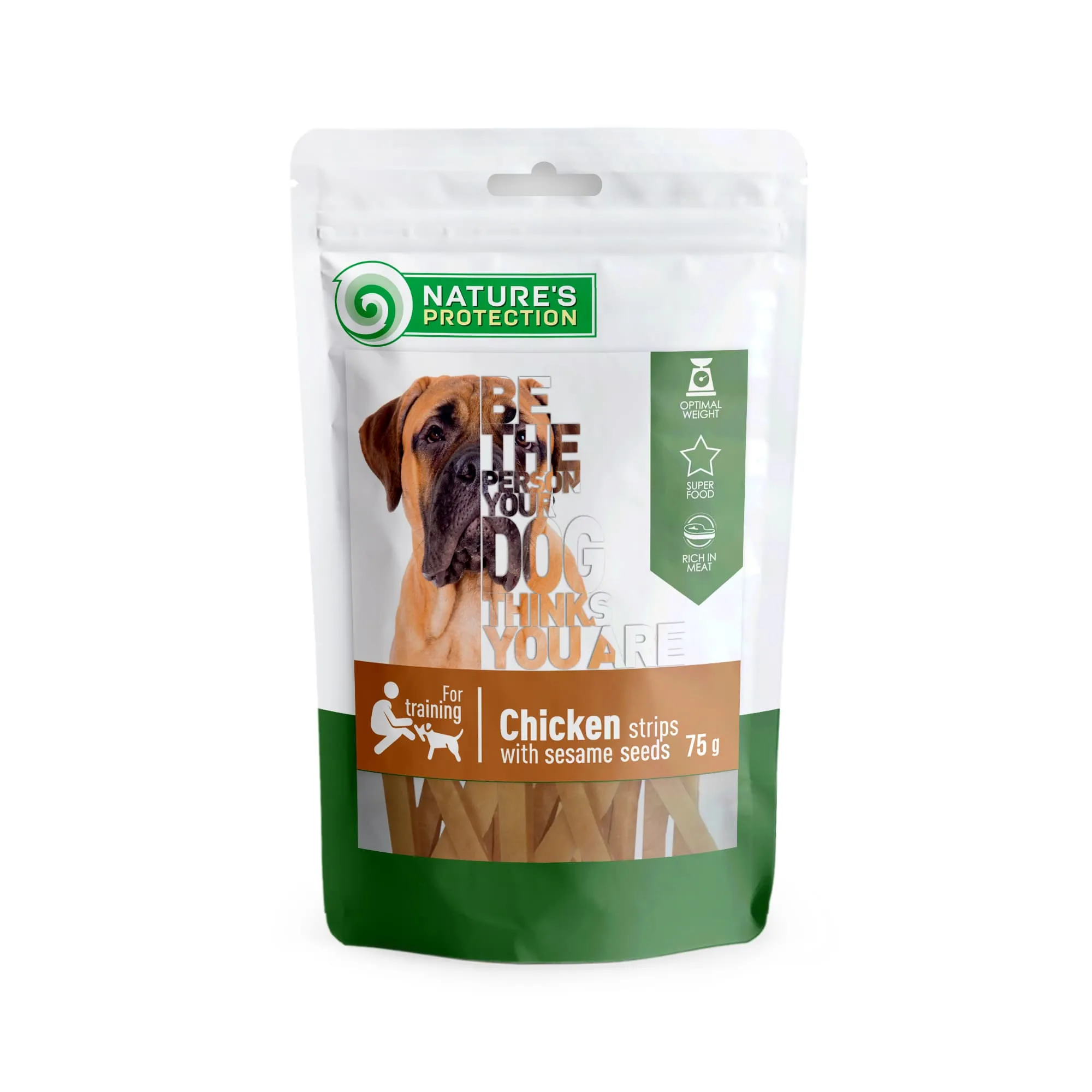 Nature's Protection Snack Strips&Sesame, 75 г, ласощі для дорослих собак у вигляді курячих смужок з насінням кунжуту