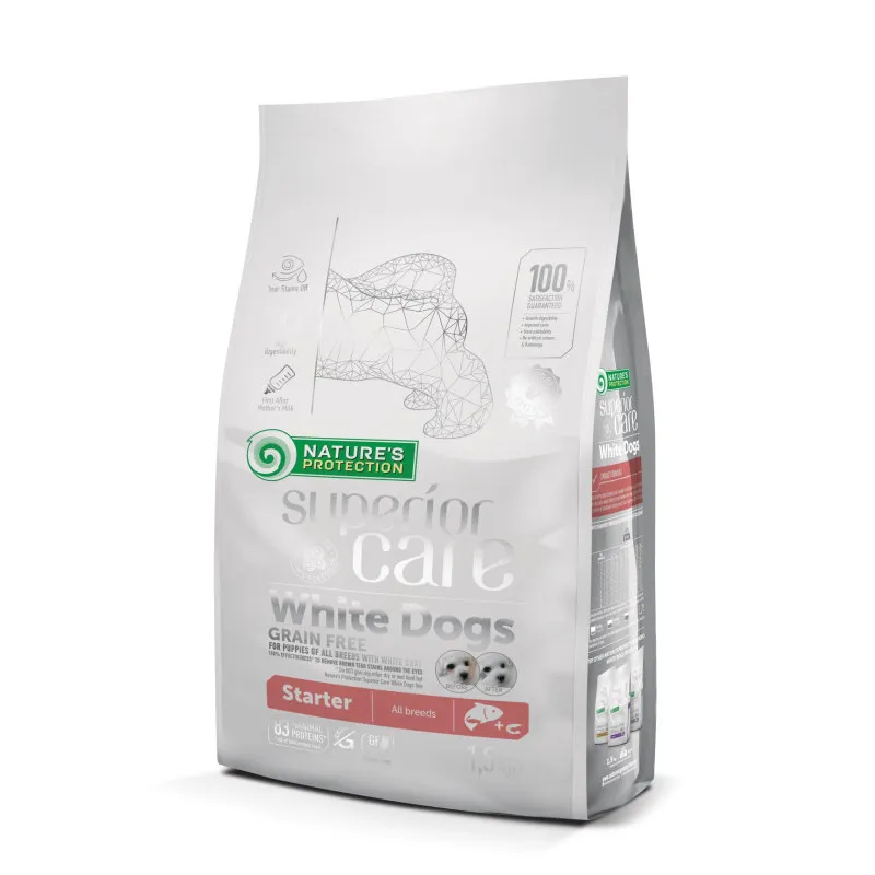 Nature's Protection Superior Care White Dogs Grain Free Starter with SALMON for All Breeds сухий корм з м'ясом лосося для цуценят і юніорів всіх порід з білим забарвленням шерсті - 1,5 кг