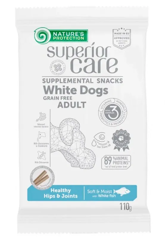 Nature's Protection Superior Care White Dogs Healthy Hips&Joints Grain Free White Fish, 110 г, лакомства с белой рыбой для собак с белой шерстью