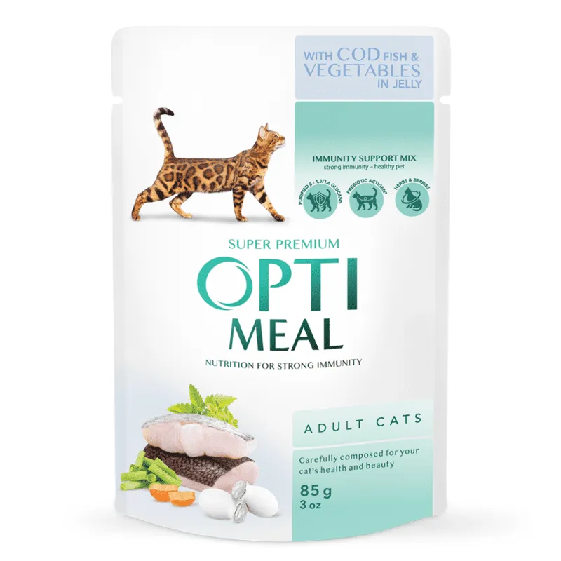 OptiMeal Adult Cats Cod Fish & Vegetable in Jelly консервований корм з тріскою та овочами для дорослих котів (шматочки в желе) - 85 г