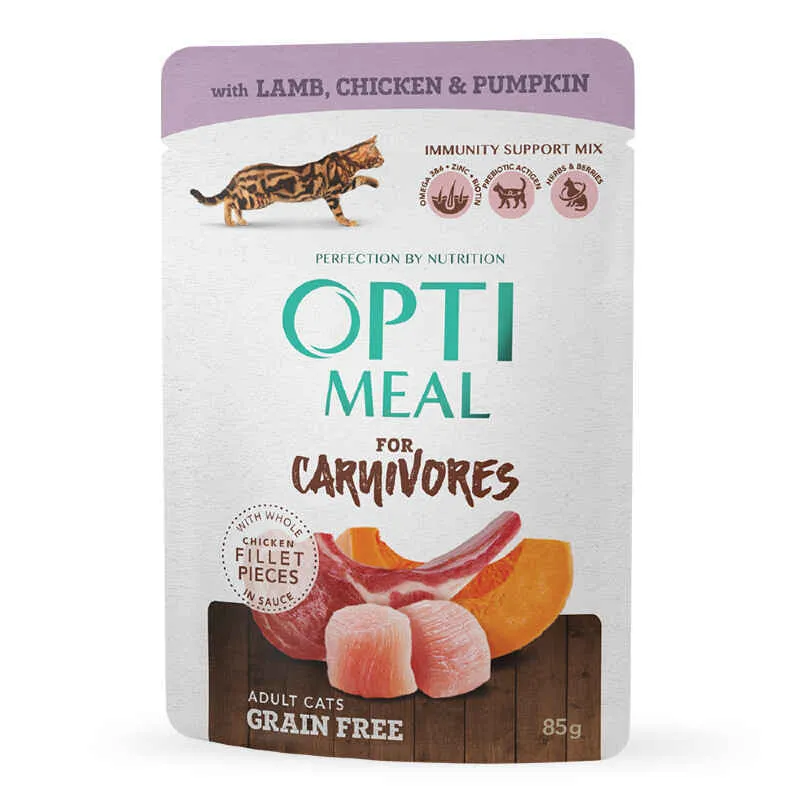 OptiMeal Adult Cats Grain Free Lamb, Chicken & Pumpkin беззерновой влажный корм с ягнятиной и куриным филе для взрослых кошек (кусочки в тыквенном желе) – 85 г