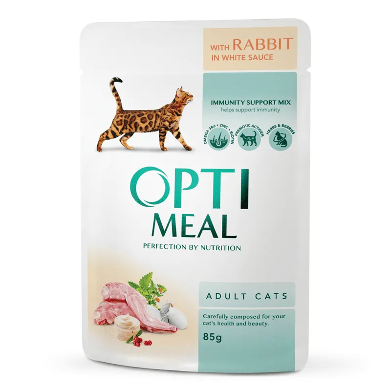 OptiMeal Adult Cats Rabbit in White sauce консервированный корм с кроликом в белом соусе для взрослых кошек (кусочки в соусе) - 85 г