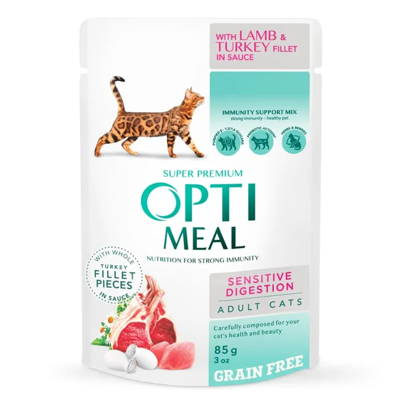 OptiMeal Adult Cats Sensitive Lamb & Turkey fillet беззерновий вологий корм з ягням та індичкою для котів із чутливим травленням (шматочки в соусі) - 85 г