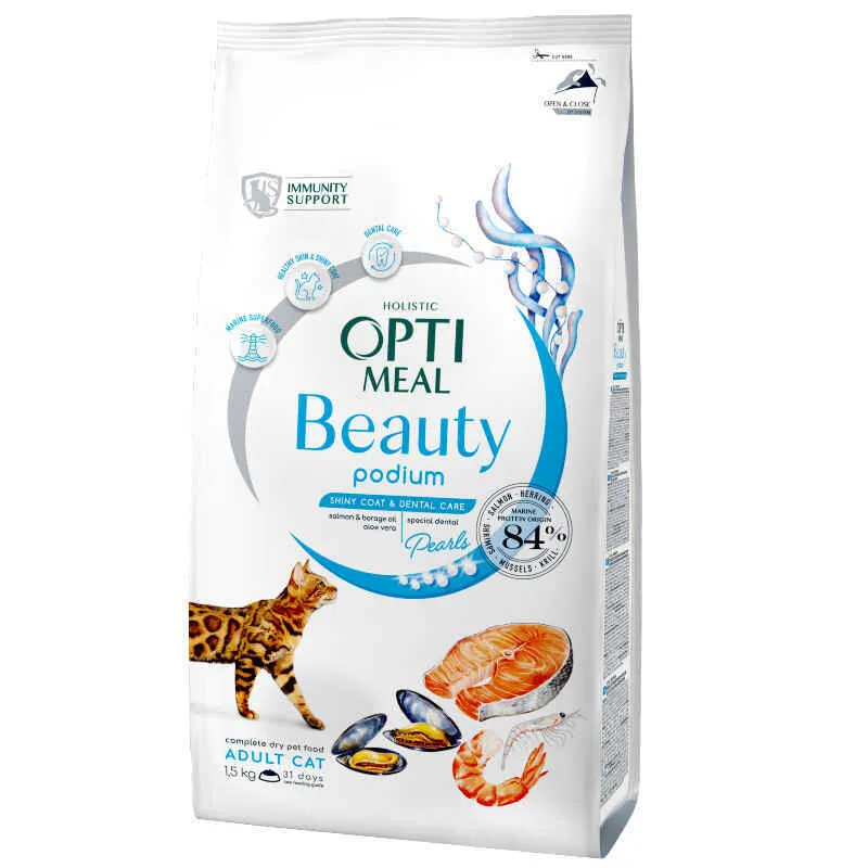 OptiMeal Beauty Podium Adult Cat сухий корм з морепродуктами для дорослих котів, блискуча шерсть та догляд за зубами - 1,5 кг