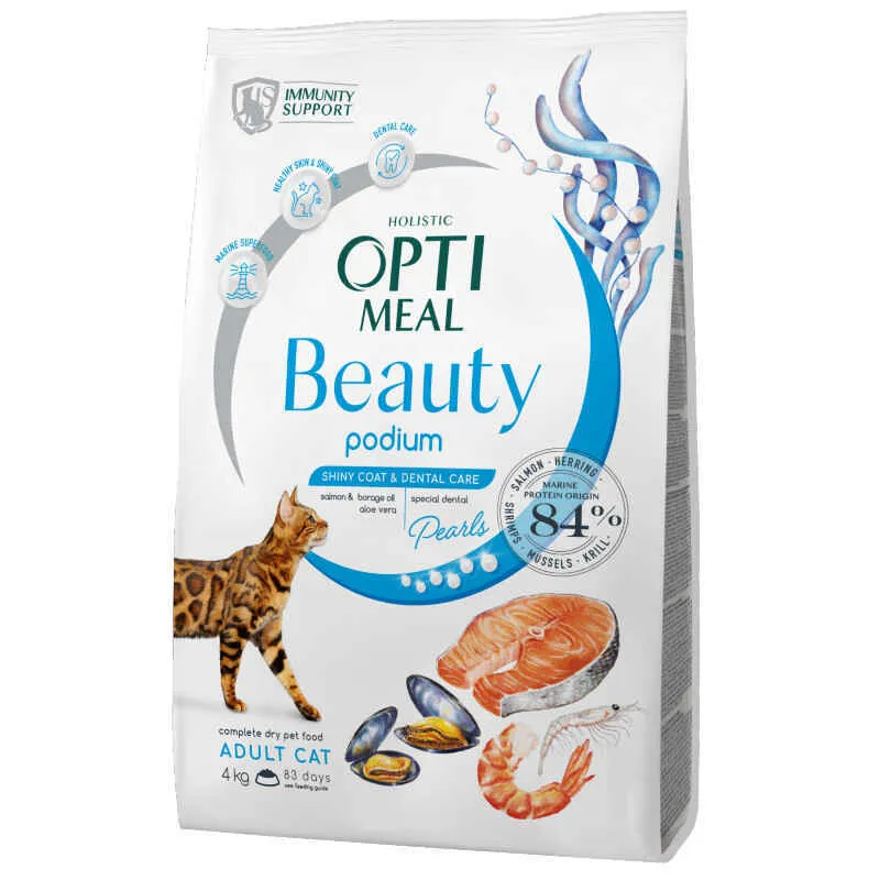 OptiMeal Beauty Podium Adult Cat сухий корм з морепродуктами для дорослих котів, блискуча шерсть та догляд за зубами - 4 кг