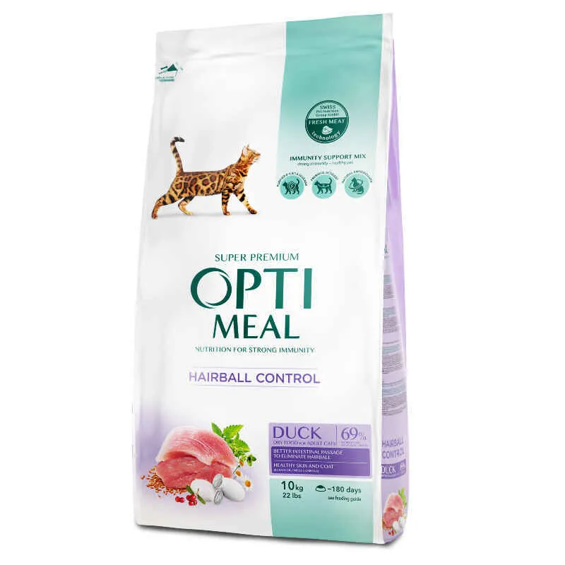 OptiMeal Duck Hairball Control Cat сухой корм с уткой для кошек, способствующий выведению шерсти - 10 кг