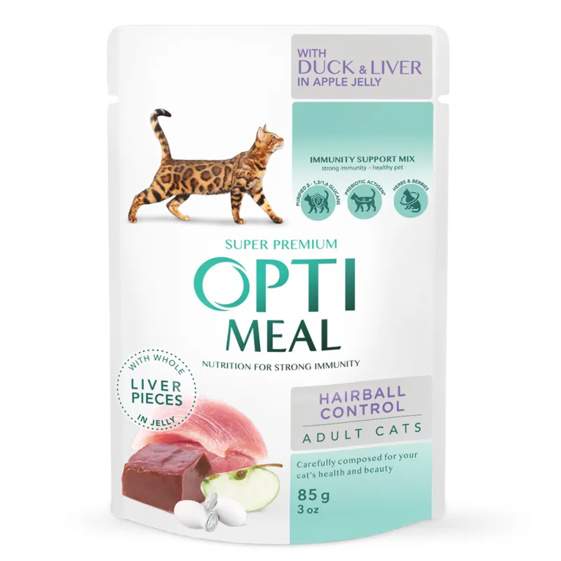 OptiMeal Hairball Control Duck & Liver консервований корм з качкою та печінкою, що сприяє виведенню шерсті у котів (шматочки в желе) - 85 г