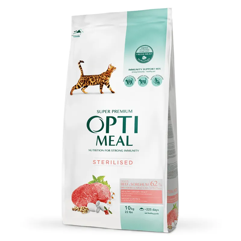 OptiMeal Sterilized Cat Beef & Sorghum сухий корм із високим вмістом яловичини та сорго для дорослих котів - 10 кг