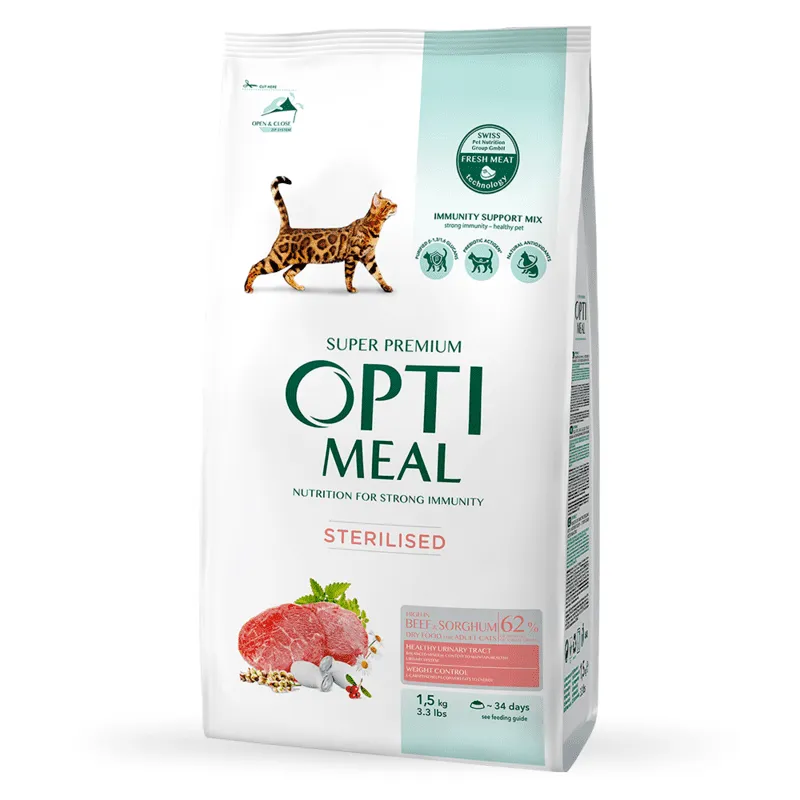 OptiMeal Sterilized Cat Beef & Sorghum сухий корм із високим вмістом яловичини та сорго для дорослих котів - 1,5 кг