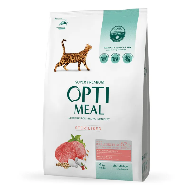 OptiMeal Sterilized Cat Beef & Sorghum сухий корм із високим вмістом яловичини та сорго для дорослих котів - 4 кг