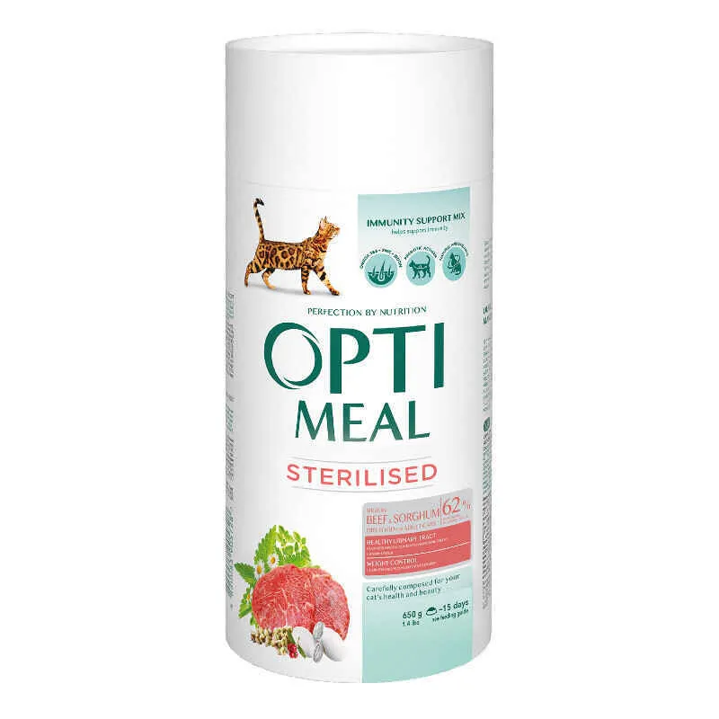 OptiMeal Sterilized Cat Beef & Sorghum сухой корм с высоким содержанием говядины и сорго для взрослых кошек – 650 г