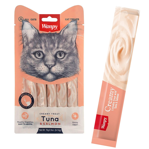 Wanpy Creamy Lickable Treats Tuna & Salmon ВАНПИ ТУНЕЦ С ЛОСОСЕМ жидкое лакомство для котов , 0.07 кг., в упаковке 5 стиков по 14 г см.