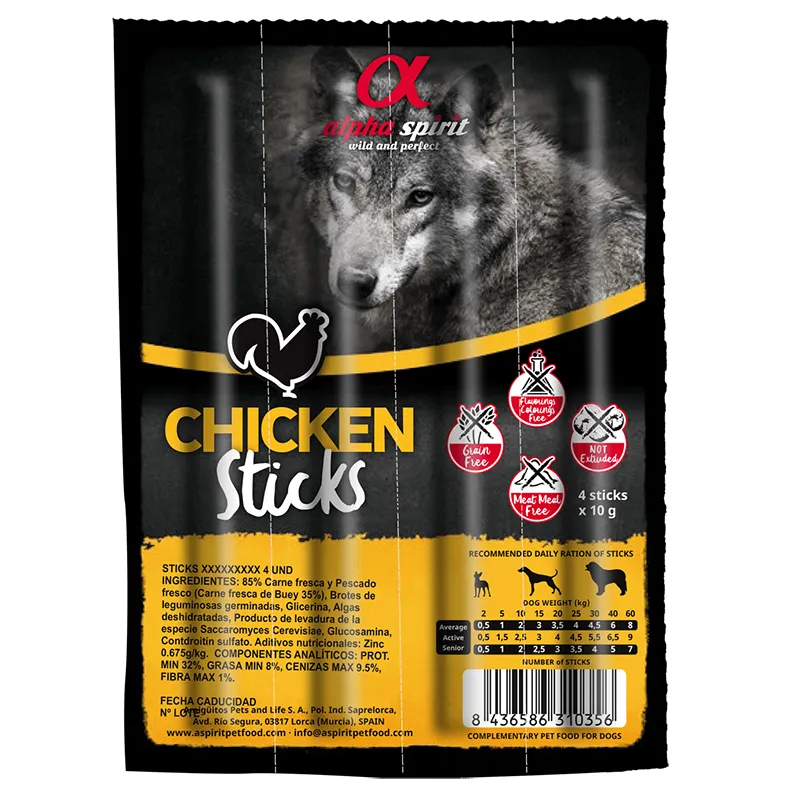 Alpha Spirit DOG Sticks Chicken полувлажное лакомство для собак (палочки с курицей х4) - 40 г