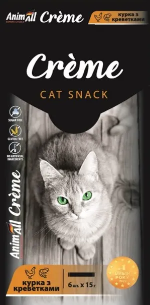 AnimAll Сrème лакомство для кошек со вкусом курицы с креветками, 6х15 г