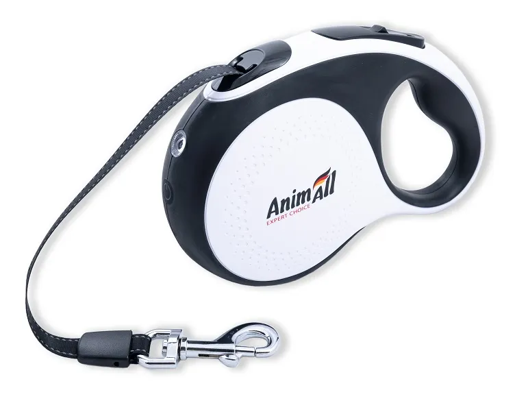 AnimAll Рулетка-поводок с LED фонариком, L до 50кг/5м белая-черная