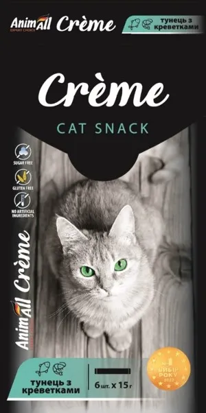 AnimAll Сrème лакомство для кошек со вкусом тунца с креветками, 6х15 г